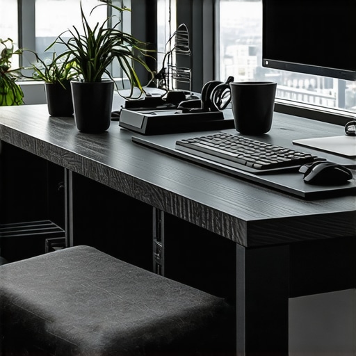 A tidy office desk with a cleverly concealed docking station behind monitors, with cables neatly managed and ergonomic lighting.