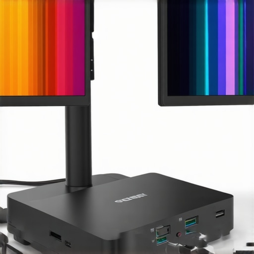 A sleek USB-C dock connected to two 4K monitors with neatly organized cables.