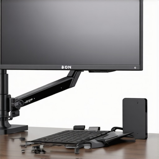 Ergonomic office workspace with adjustable monitor arm and ambient lighting
