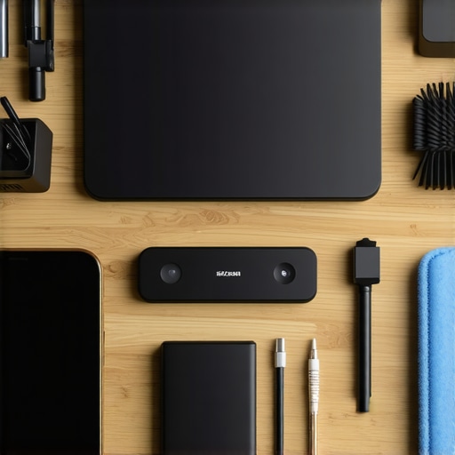 Tools for maintaining a clean and optimized desk setup including calibration device, cables, and cleaning cloth.