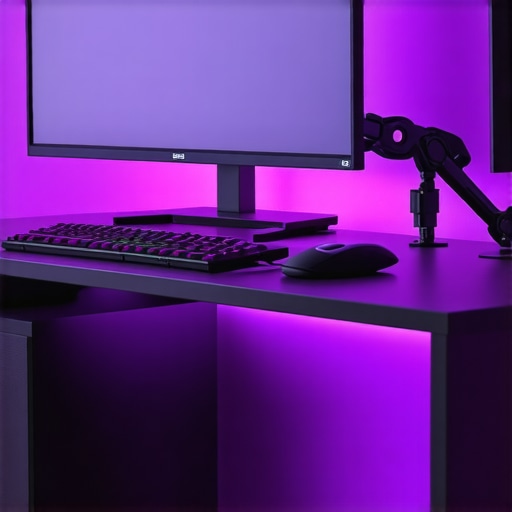 A sleek, tidy office desk with managed cables, ergonomic monitor setup, and soft lighting
