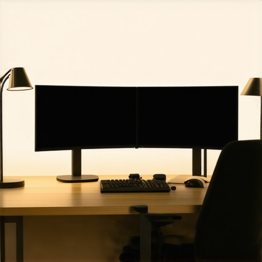 A well-lit desk with adjustable lamps, ambient LED lighting, and ergonomic monitor placement for enhanced productivity.