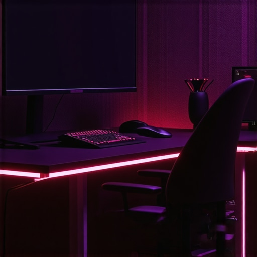 A workspace showing adjustable desk lamp, mounted monitors at eye level, and ambient lighting for eye comfort