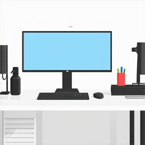 A tidy workspace with cable organizers, monitor arm, and cleaning cloths, showcasing effective desk maintenance