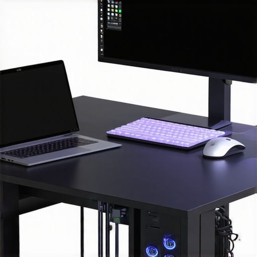 Optimized Desk Setup for Cooling and Productivity A sleek ergonomic workspace with cooling solutions and organized peripherals