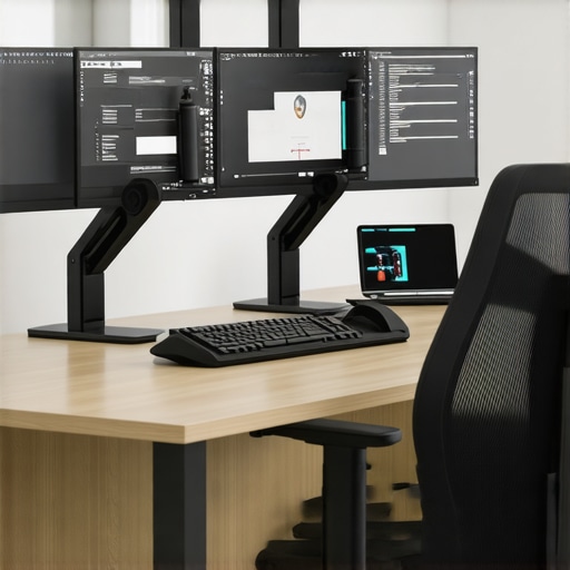 Optimized Desk Setup with Ergonomic Accessories A clean and ergonomic office desk with multiple monitors, cable organizers, and ambient lighting