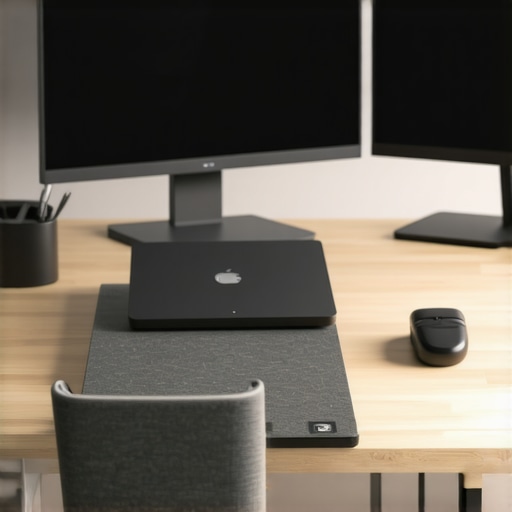 A sleek desk setup featuring a top-tier USB-C dock, ergonomic monitor arms, and organized accessories.