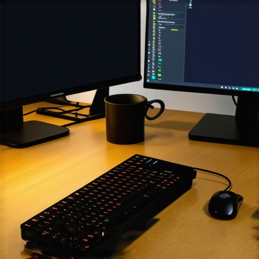 Optimized Modern Office Workspace Ergonomic office setup with lighting, monitors, and USB-C dock