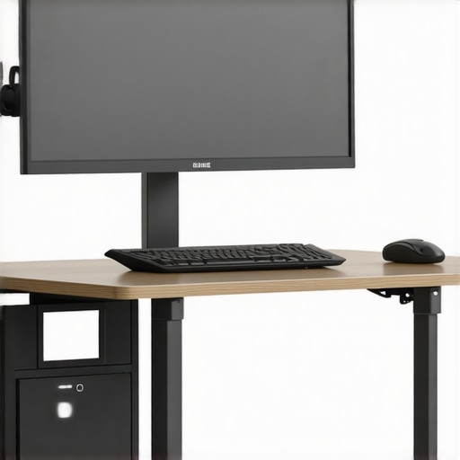 A person adjusting a monitor to eye level with proper lighting in a clean, organized desk space.