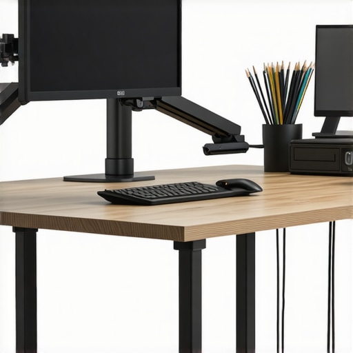 Optimized Office Workspace with Advanced Setup A modern ergonomic desk with adjustable monitor arm, smart LED lighting, and neat cable management