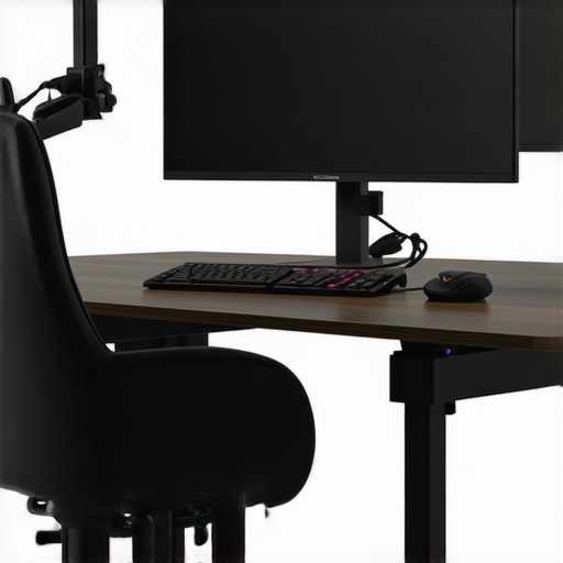 A clean, organized office desk featuring cable sleeves, a monitor arm, smart lighting, and a USB-C dock.