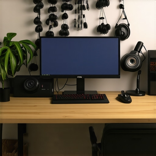 Clean and well-organized office workspace featuring ergonomic equipment, calibrated monitor, and proper lighting