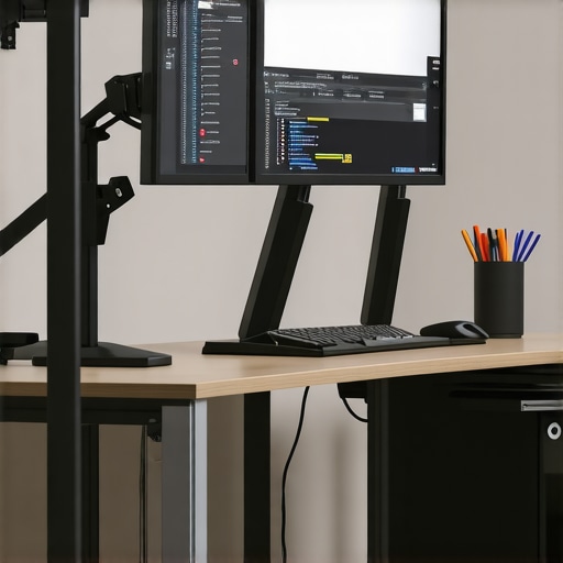 A sleek office setup with two monitors mounted on arms, clutter-free desk with organized cables, and ergonomic lighting and accessories