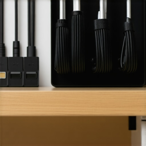 Close-up of tidy desk cables secured with clips and tray under a modern workspace
