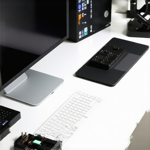 A tidy workstation featuring cleaning supplies, cable management, and monitoring software on screen.