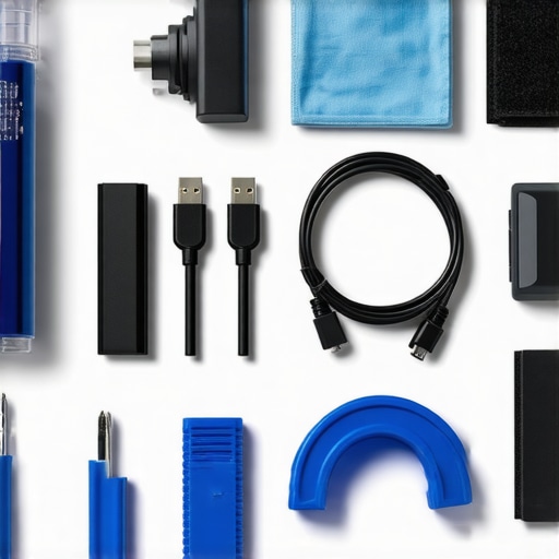 Organized Desk with Maintenance Tools A tidy workspace featuring cleaning supplies and cable management accessories for desk maintenance.