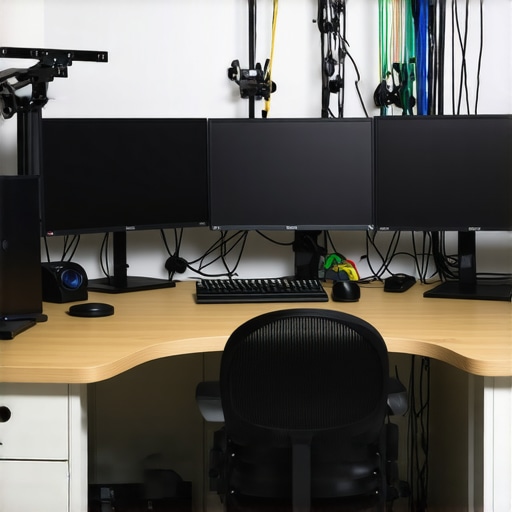 Organized Desk with Maintenance Tools A clean and well-organized workspace featuring cable management and equipment tools