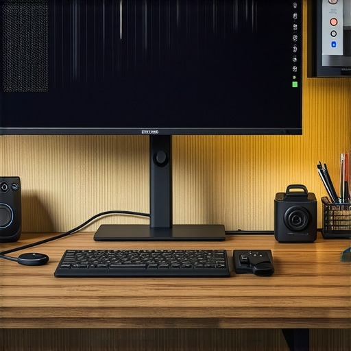 A tidy modern workspace featuring a USB-C dock, monitor, and adjustable lighting