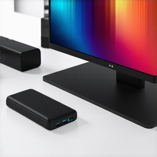 A sleek workspace showcasing a USB-C dock, ergonomic accessories, and intelligent lighting controls
