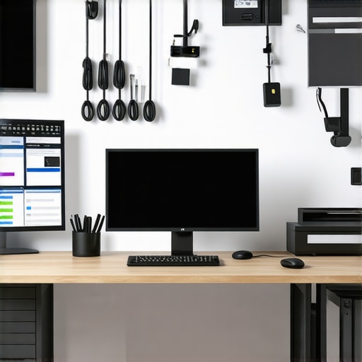 A sleek, well-organized office desk showing cable management and ergonomic accessories