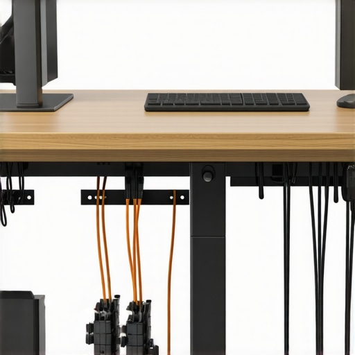 Organized Workspace with Cable Management A clean and organized sit-stand desk setup showing neatly routed cables and management accessories.