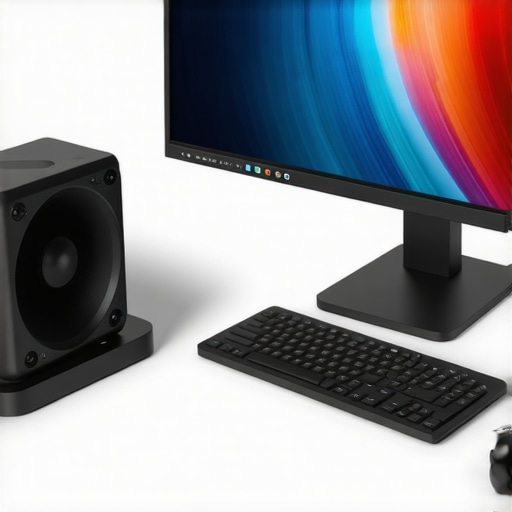 A clean desk setup with a USB-C dock, laptop, monitor, and a small external fan boosting airflow.