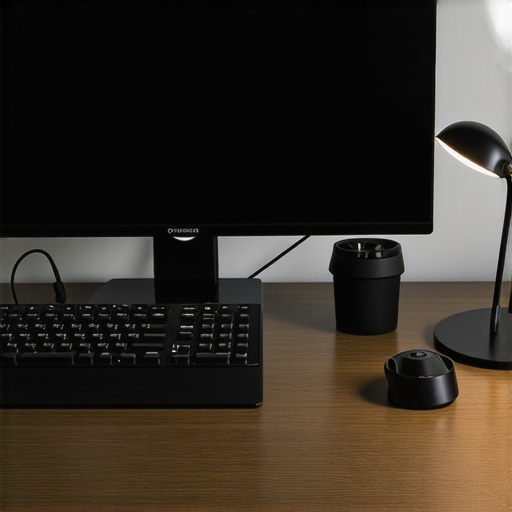 A modern office desk featuring a well-organized monitor, cable management accessories, and ergonomic lighting