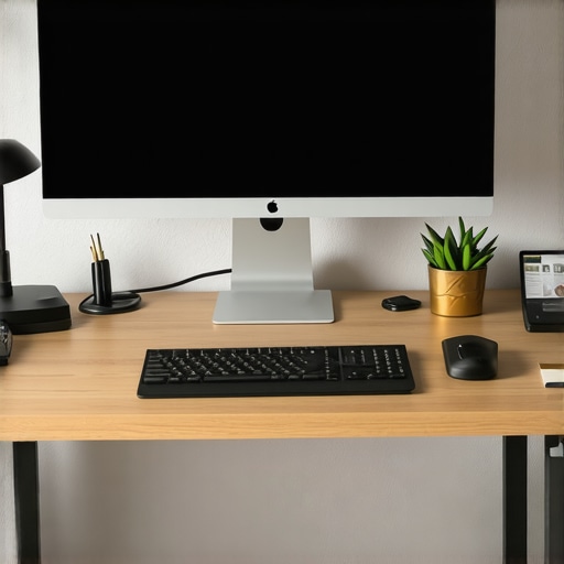 Organized modern office workspace with high-end accessories A tidy office desk setup featuring ergonomic accessories, multiple monitors, and efficient cable management