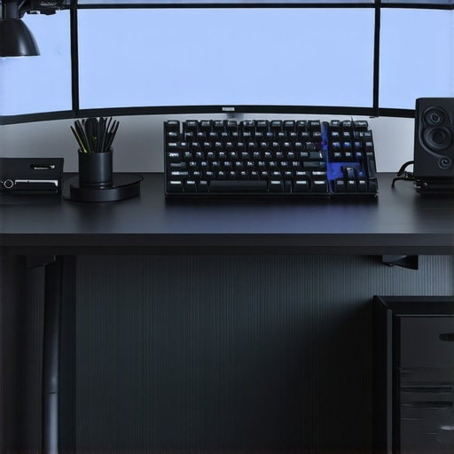 A clean desk with dual monitors, ergonomic keyboard, desk lamp, and office accessories