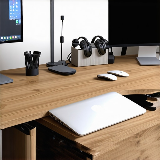 Organized workspace with concealed laptop and clean setup Modern workspace with hidden laptop stored in a slide-out drawer, tidy cables, and adjustable monitors.