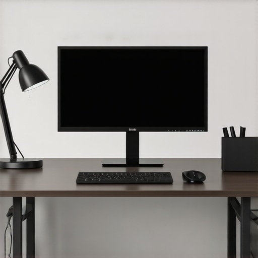 Modern work desk with adjustable lighting, monitor, and cable management.