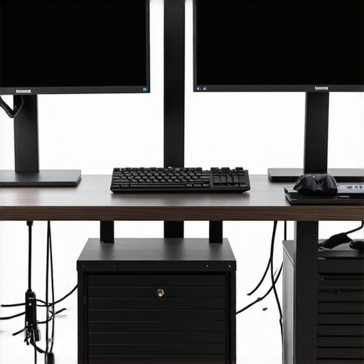 A modern, tidy desk setup featuring organized cables, dual monitors, and ambient lighting for productivity