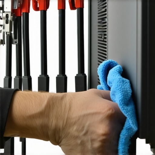 Professional workspace maintenance in progress A technician cleaning and organizing a modern desk setup with monitors and cables