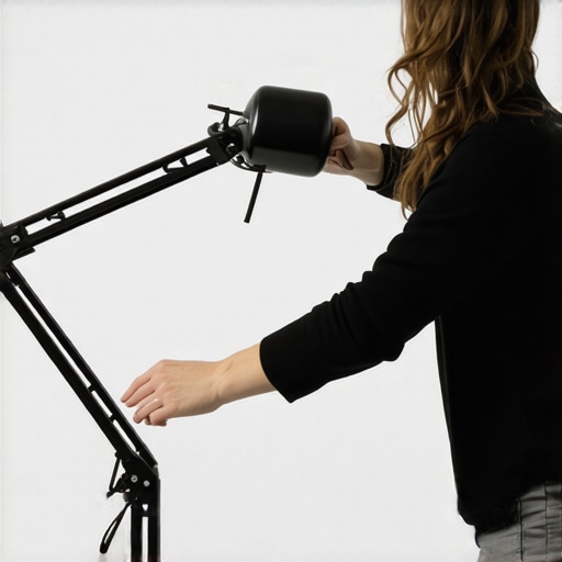 Person adjusting a flexible desk lamp to reduce glare in a modern office