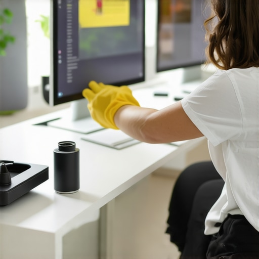 A person using tools to clean and secure office equipment on a well-organized desk.