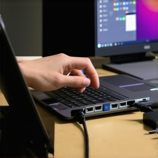 Person inspecting Ethernet port connections on a laptop dock
