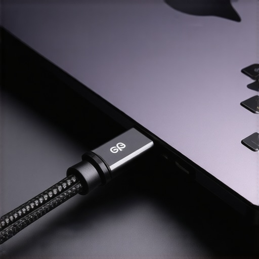A detailed image showing a Thunderbolt cable plugged into a sleek laptop, highlighting the charging connection