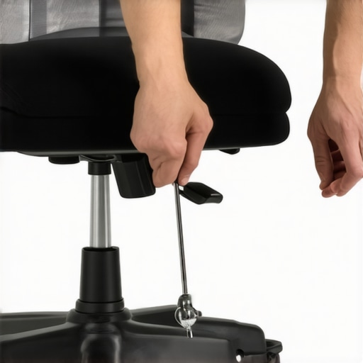 Person tightening screws on a sleek ergonomic desk chair to reduce squeaking.