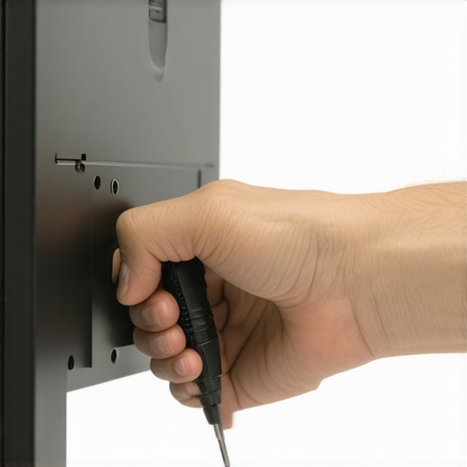 Tightening monitor mount screw for stability A hand using a screwdriver to fix a monitor arm screw to prevent wobbling