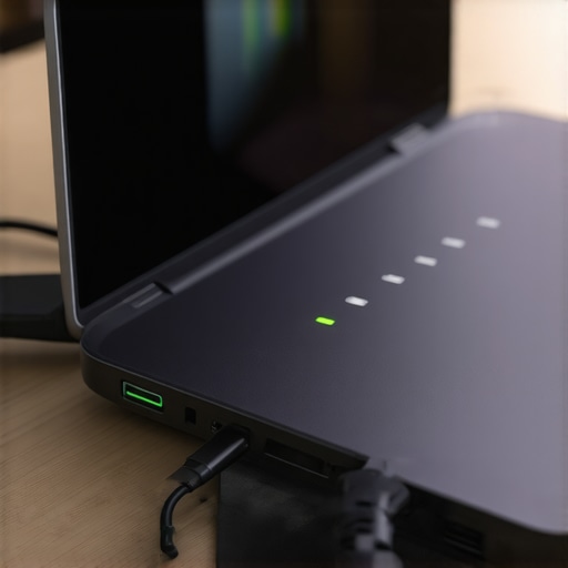 A detailed photo showing a USB-C dock plugged into a laptop with clearly visible power indicators and connected cables