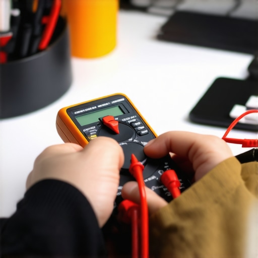 Using a Multimeter for Office Equipment Maintenance A technician testing cables and power supplies with a multimeter in a sleek office setup.