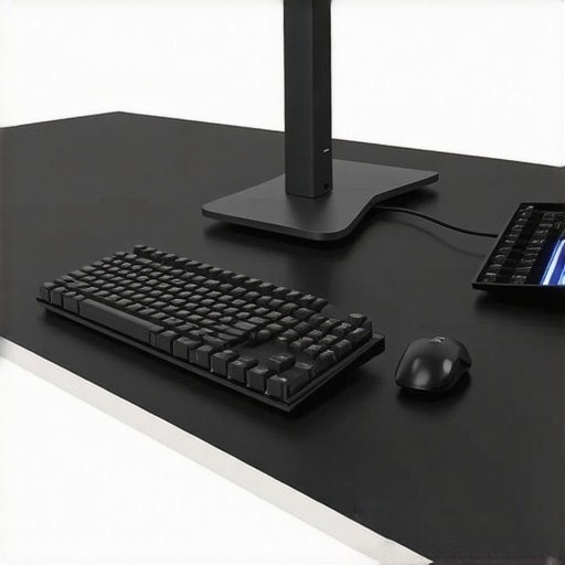 A modern workspace with rubber pads stabilizing accessories, preventing rattling and vibrations.