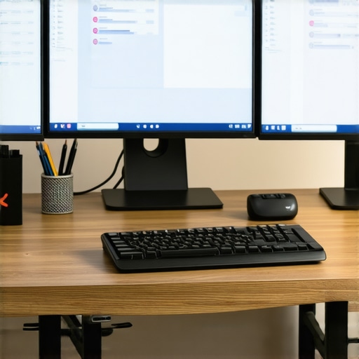 Well-Organized Office Desk with Modern Tools A professional workspace featuring multiple monitors, ergonomic accessories, and advanced office tools.
