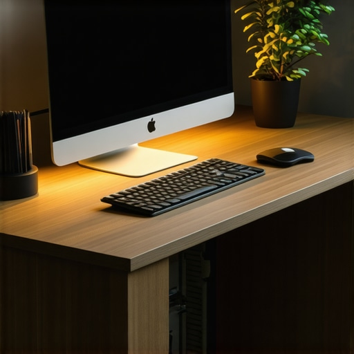 A modern desk setup with multiple monitors, ambient lighting, and organized accessories.