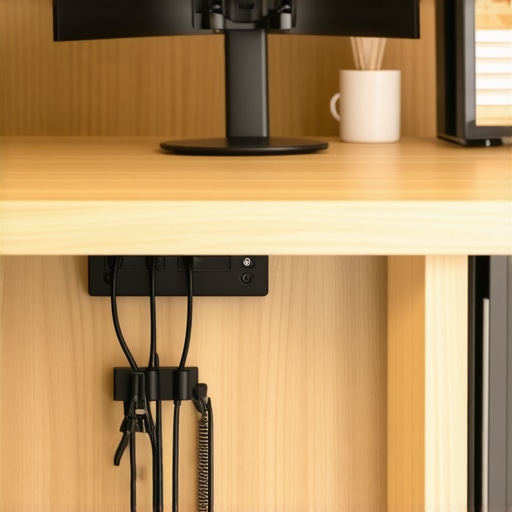 A clean desk setup featuring organized cables, an ergonomic monitor arm, and stylish office accessories.