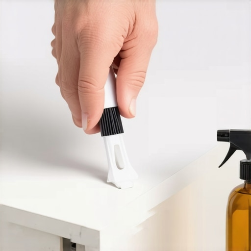 A person's hand applying lubricant to a desk drawer track with a small brush.