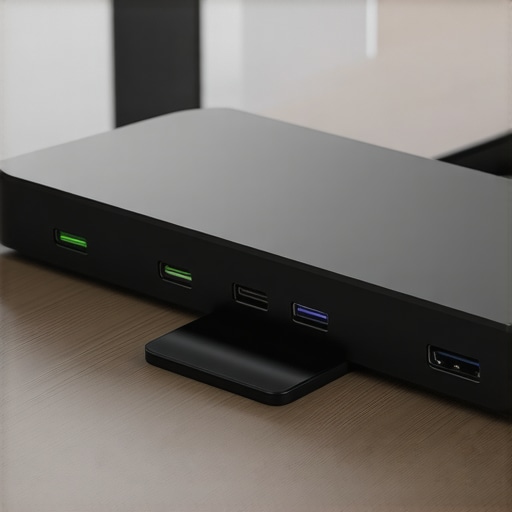 Connected Devices with a High-Performance USB-C Dock Office desk featuring a USB-C dock with multiple peripherals connected, highlighting optimal connectivity.