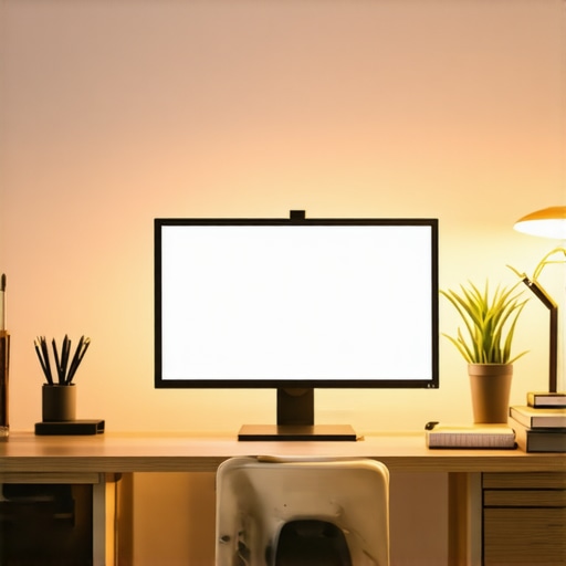 Ergonomic desk setup showcasing monitor, accessories, and lighting