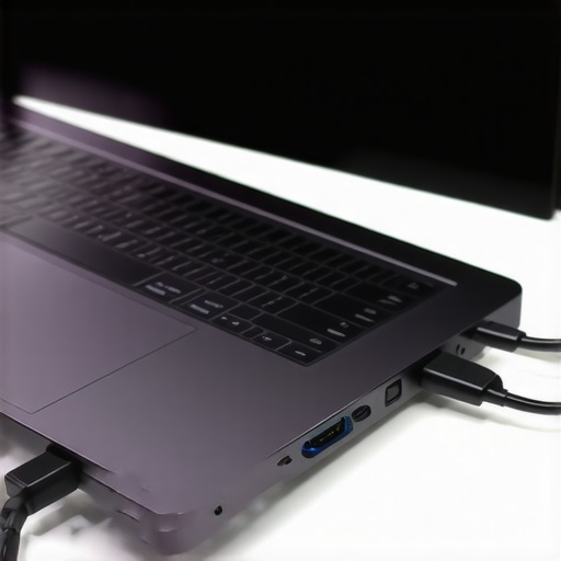 A well-organized USB-C dock connected to a laptop on a tidy desk.