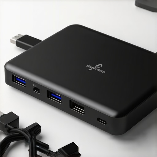 Efficient USB-C Docking Station for Office Setup A modern USB-C dock with various ports neatly arranged, connected to multiple devices in an organized workspace.